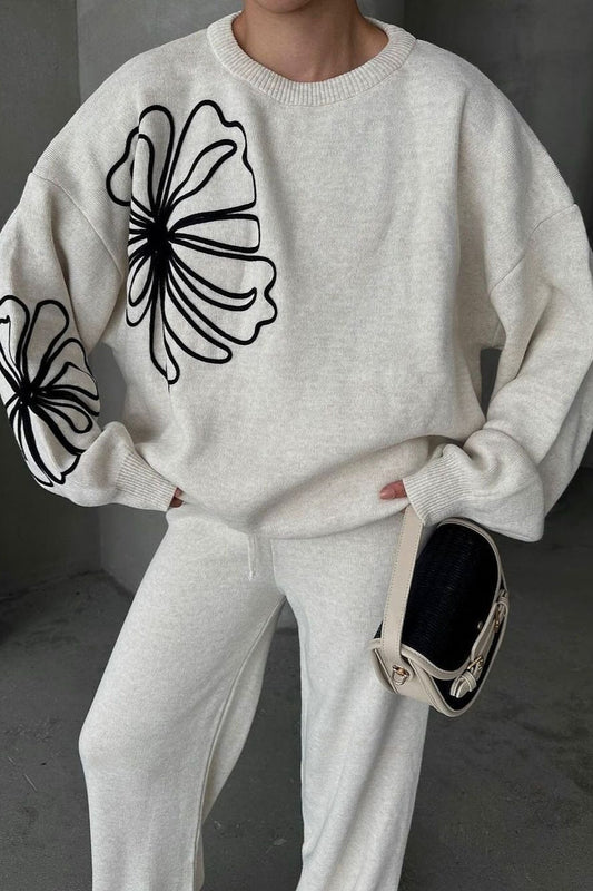 Casual Round Neck Knit Sweater with Pants Two Piece Set