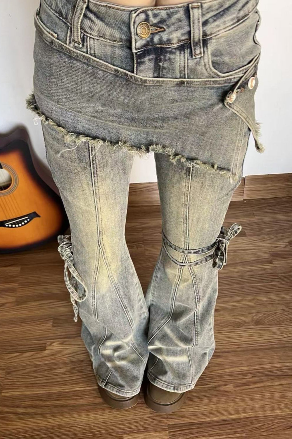 Vintage Fake Two Piece Bootcut Tie Waist Jeans