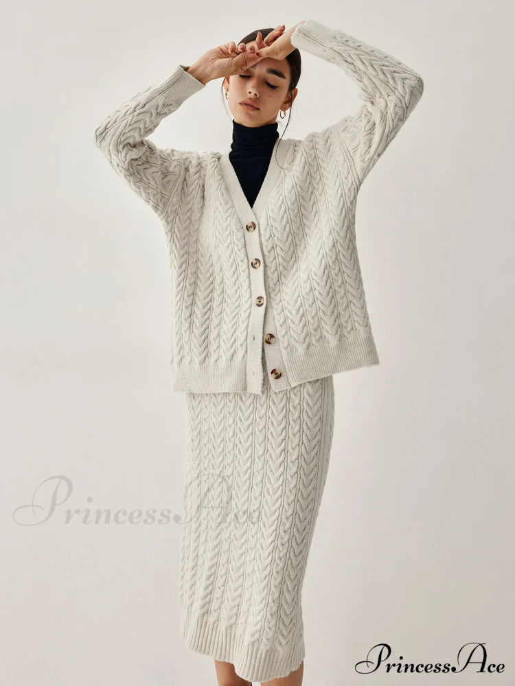 Cable Knit Cardigan Trendy With Matching Midi Skirt