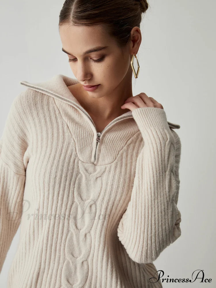 Cable Knit Open Trendy Collar Half Zip Sweater