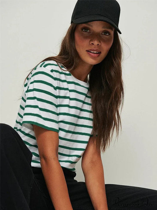 Casual Women's Cotton Harajuku Neck Brief Warm-Season Arm Tops Striped O Loose Tee T-Shirt Style