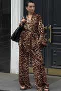 Chic Printed Long-Sleeve Shirt Belted Wide-Leg Pants Two Piece Set