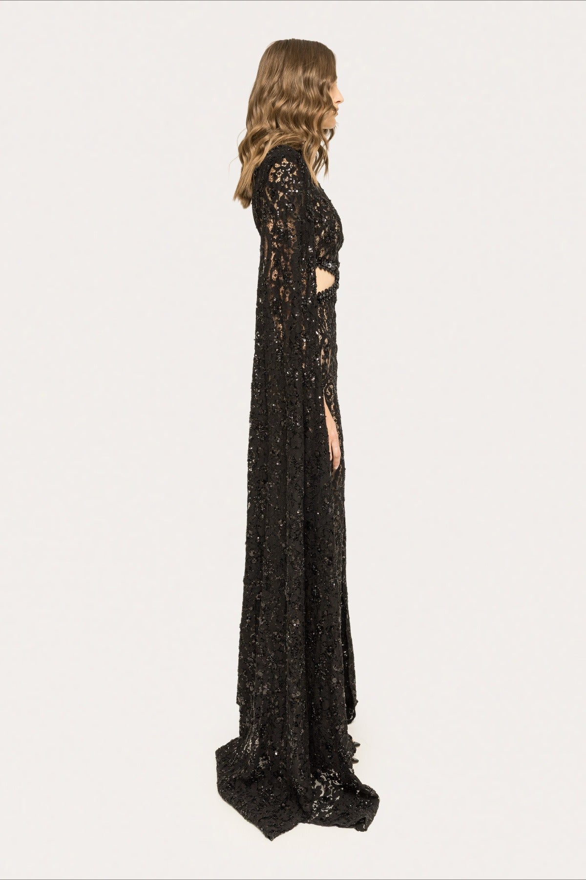Lace Beaded Sequin Slim Cape Reception Dress