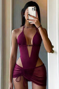 Sexy Wine Red Lace Up Beaded Backless One Piece Swimwear