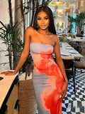 Chic Floral Strapless Midi Split Backless Dress