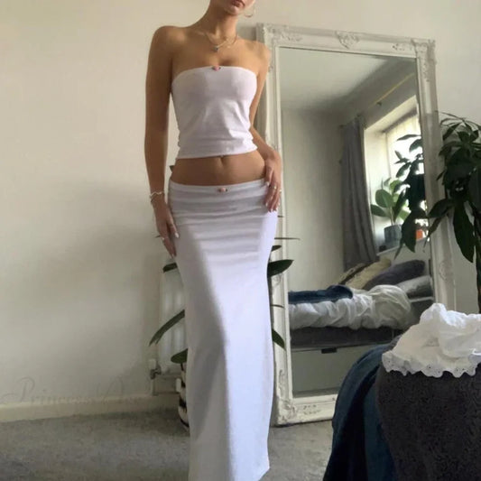 Chic Women Chest Wrap Tube Tops + Low Rise Long Skirt Summer Strapless Camis Crop Tops Y2K Fairycore Vintage 2 Piece Set Outfits