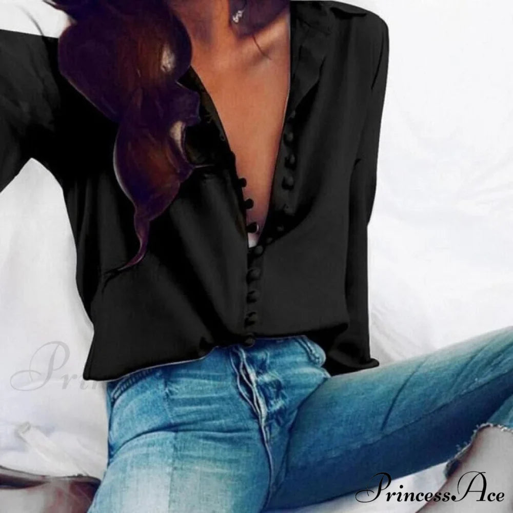 Chiffon Arm Blouse Ladies Top in Solid Casual - with Women Blouse Long Buttons Office Color Spring - White