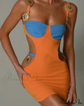 Contrast Color Side Charming Cut Charm Strap Dress