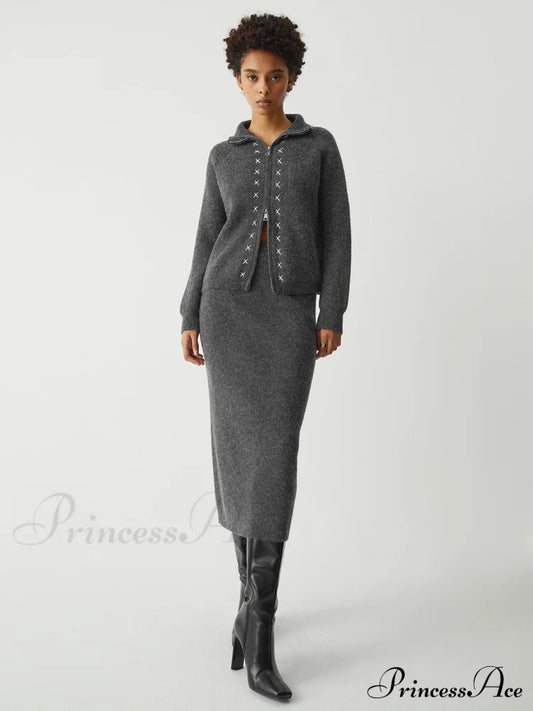 Contrast Stitches Two Way Zip Classic Long Sleeve Two Piece Skirt Set