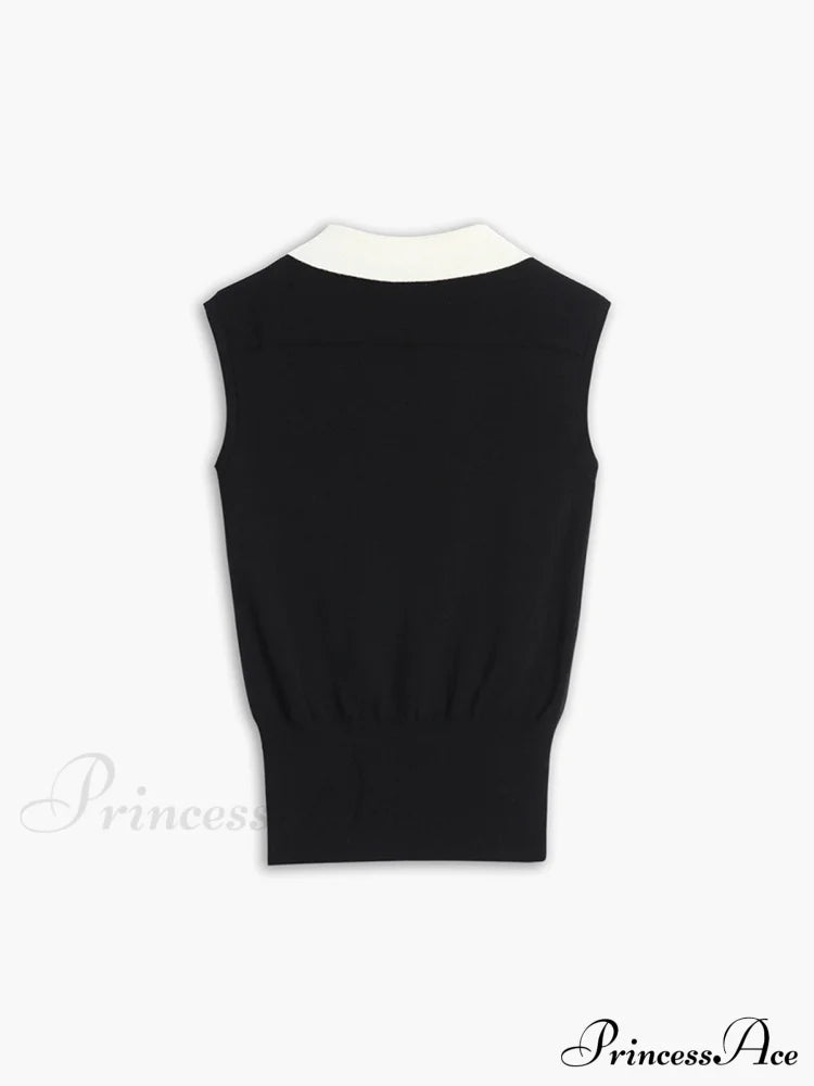 Contrast Trim Collar Trendy V-neck Knit Sweater Vest