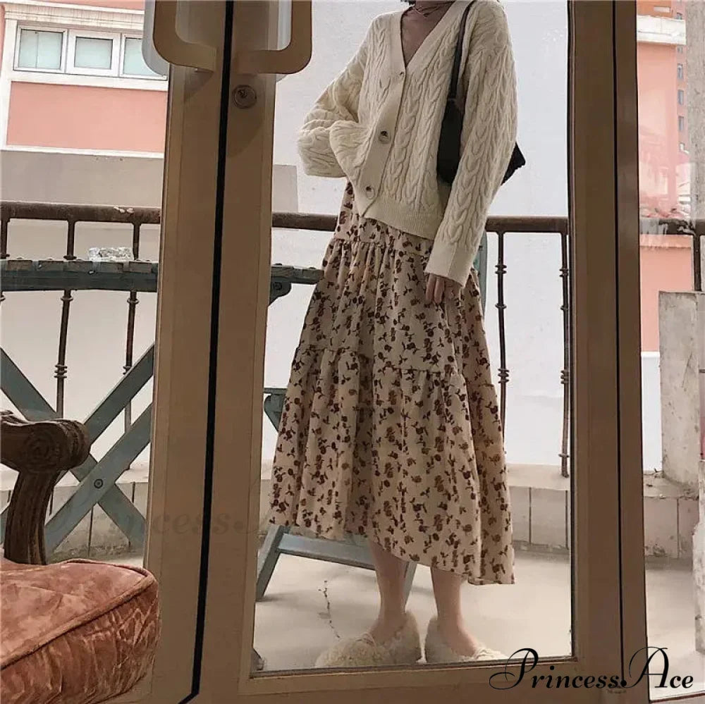 Corduroy High Waist Charming Floral Print Maxi Skirt