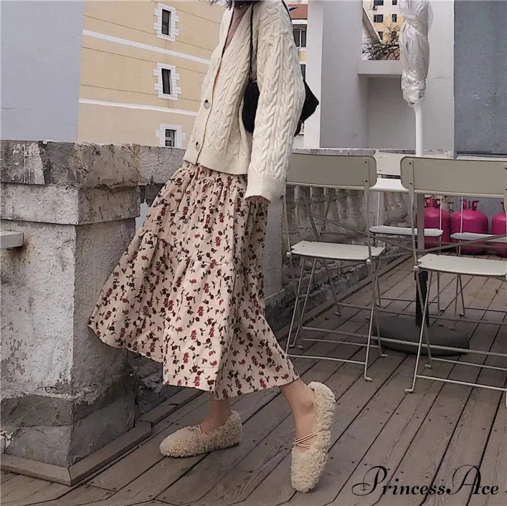 Corduroy High Waist Charming Floral Print Maxi Skirt