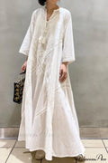 Cotton Linen Beach White V Neck Embroidered Boho Dress
