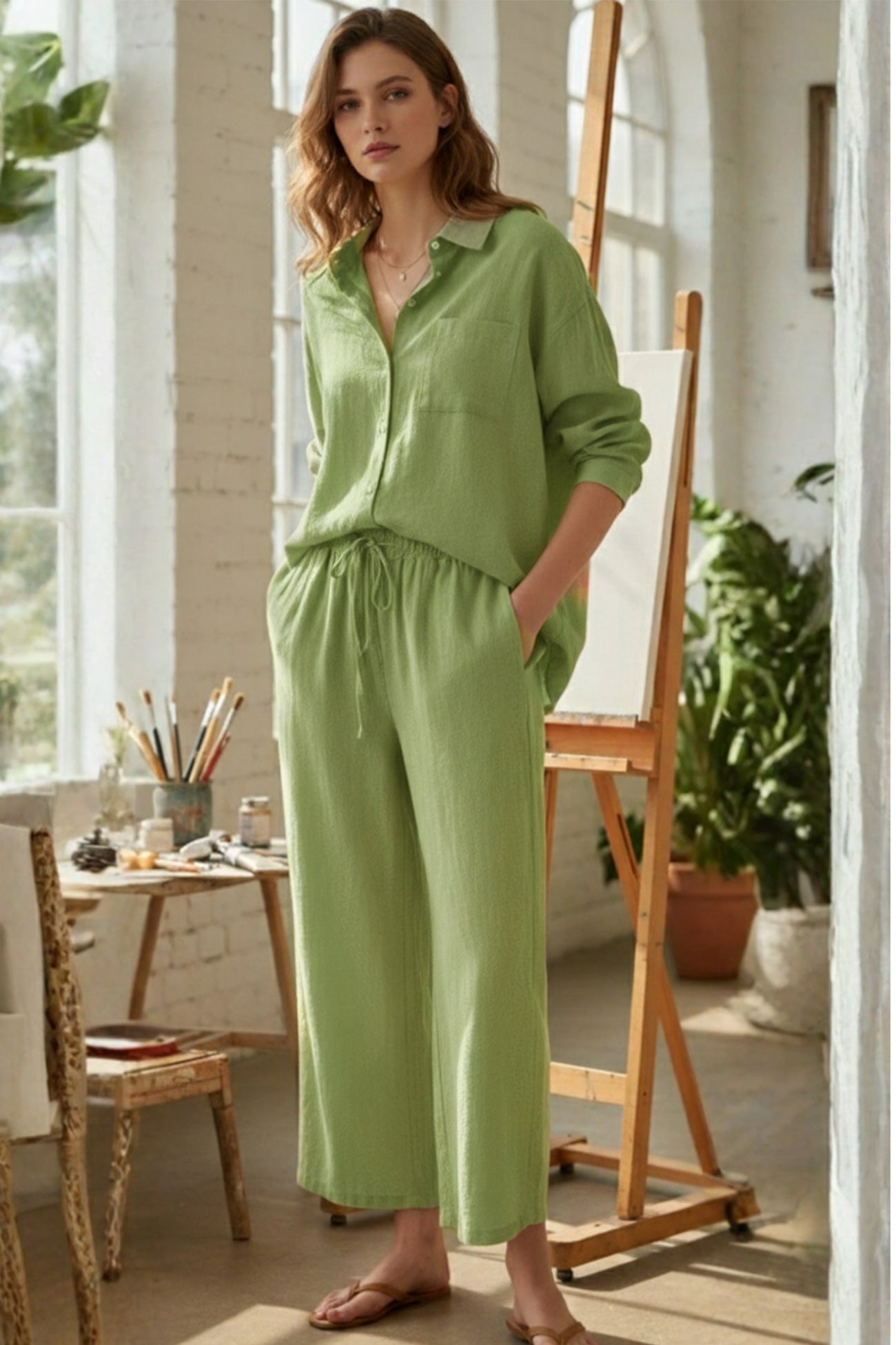Solid Color High-waisted Linen Cotton Shirt Set