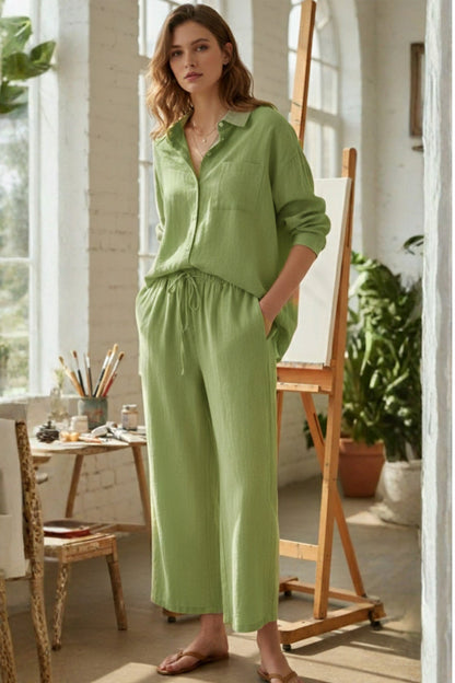 Solid Color High-waisted Linen Cotton Shirt Set