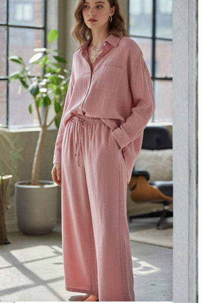Solid Color High-waisted Linen Cotton Shirt Set