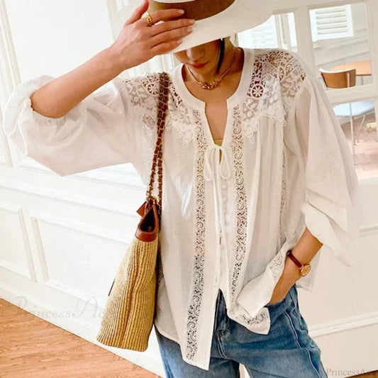 Cotton White Lace Lantern Sleeve Oversize Boho Blouse