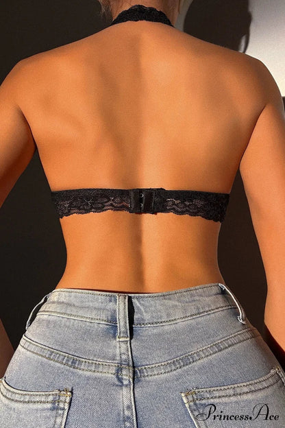 Crochet Bralette Halter Neck in Lace Black