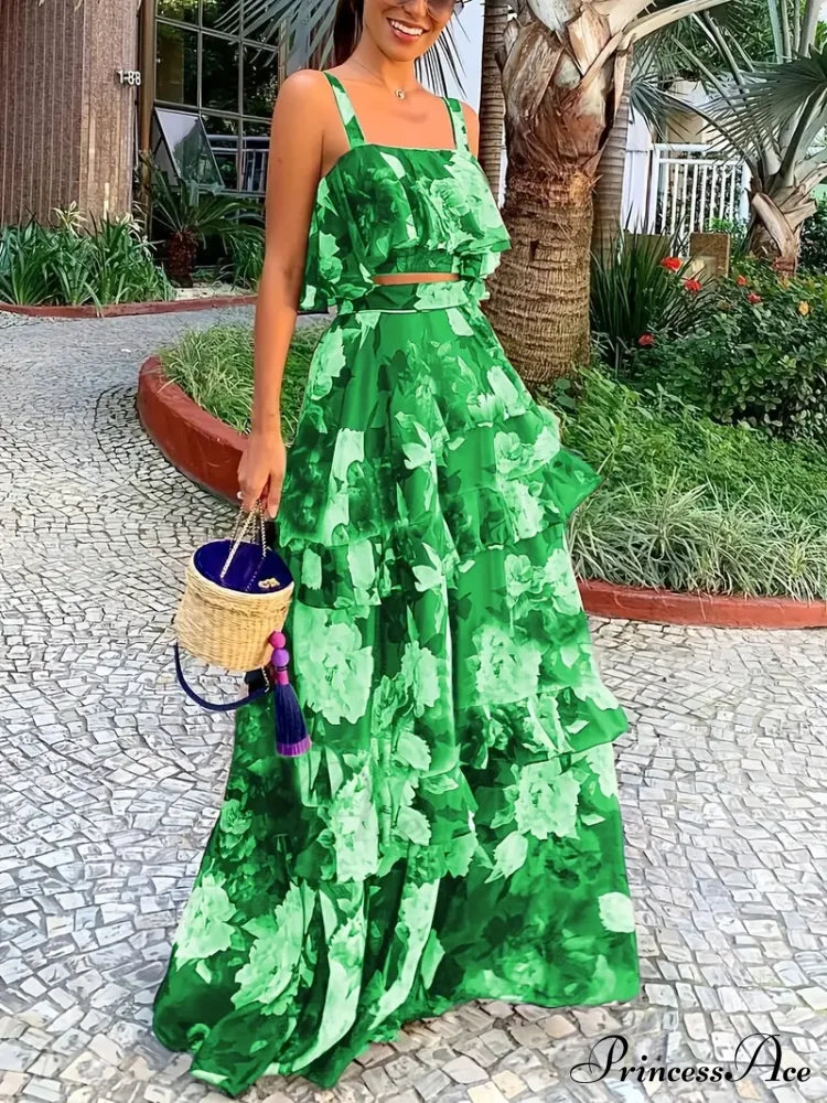 Crop Ruffles Flowered Skirt Two-Piece Tank Design Set