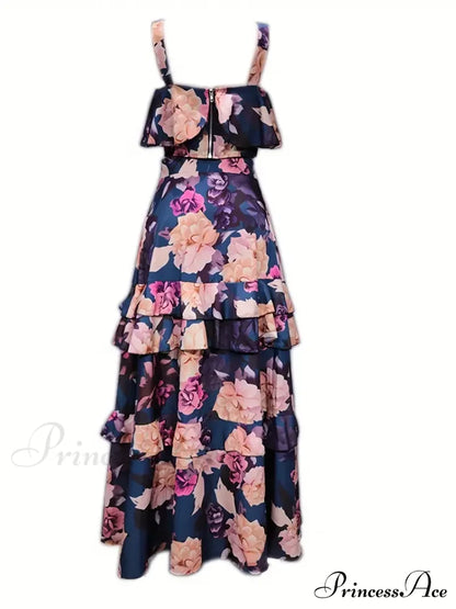 Crop Ruffles Flowered Skirt Two-Piece Tank Design Set