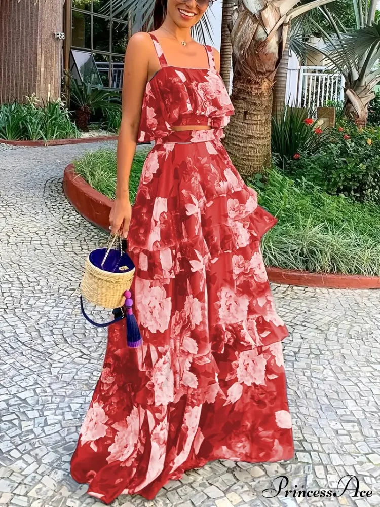 Crop Ruffles Flowered Skirt Two-Piece Tank Design Set