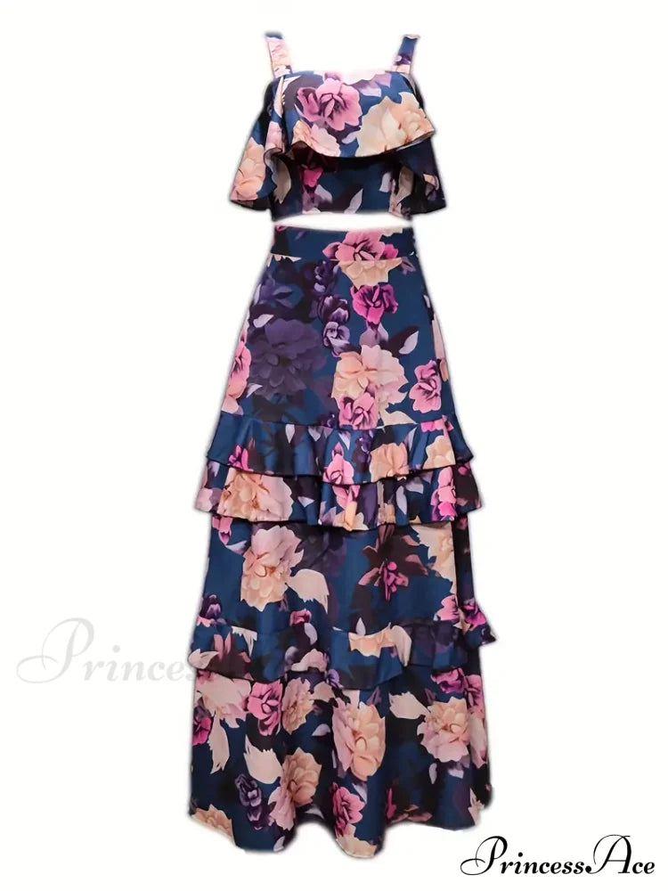Crop Ruffles Flowered Skirt Two-Piece Tank Design Set