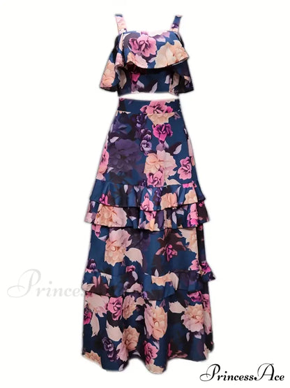 Crop Ruffles Flowered Skirt Two-Piece Tank Design Set