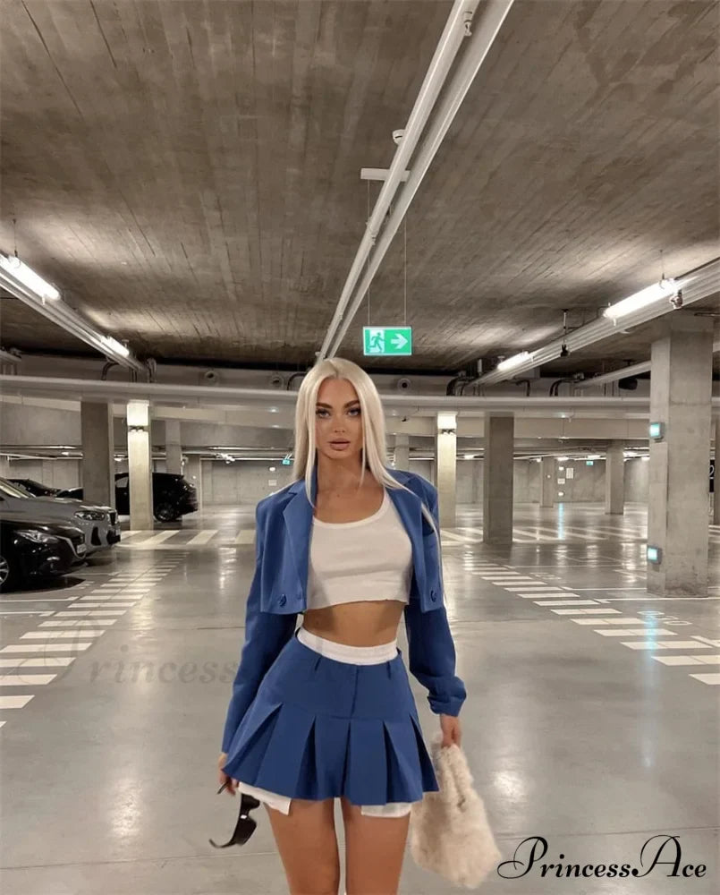 Cropped Blazer And Charming Pleated Mini Skirt Set