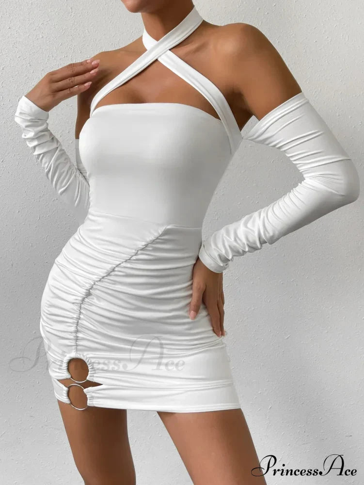 Cross Neck Hanging Bodycon Mini Off Shoulder Long Sleeve Hollow Out Back Pleated Wrapped Hip Skirt Cut Out Dress