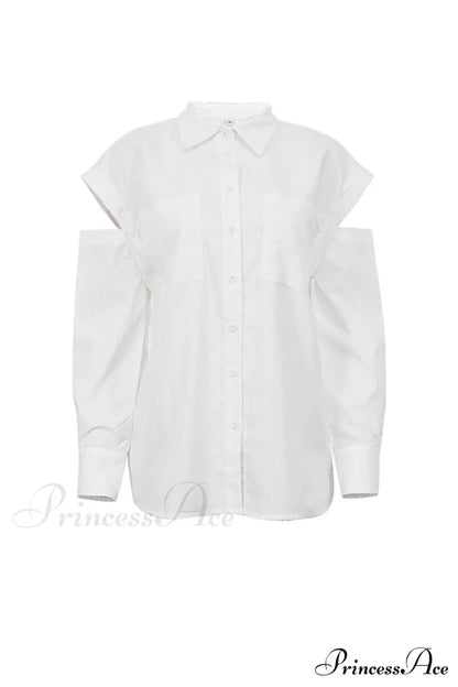 Cutout Long Tops Blouse White with Sleeves