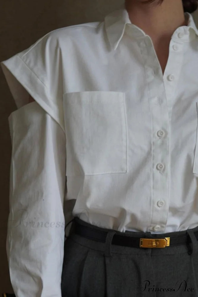Cutout Long Tops Blouse White with Sleeves