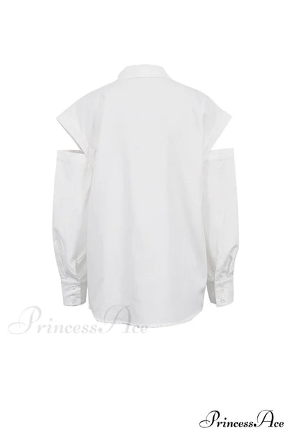 Cutout Long Tops Blouse White with Sleeves