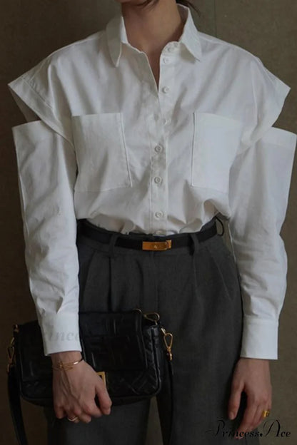 Cutout Long Tops Blouse White with Sleeves