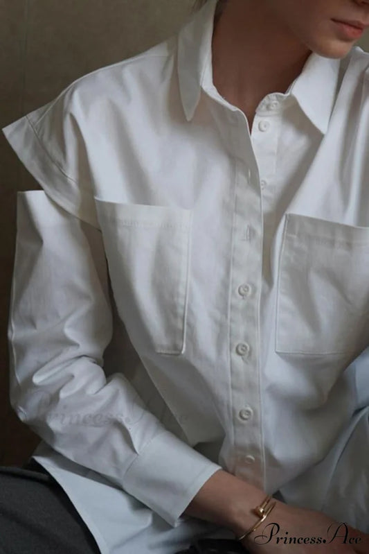Cutout Long Tops Blouse White with Sleeves