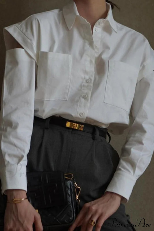 Cutout Long Tops Blouse White with Sleeves