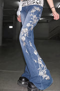 Chic Retro Rose Embroidery Low Rise Flared Jeans