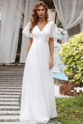 V Neck Mesh Elegant Ruffle Long Reception Dress
