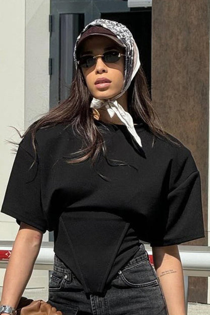 Chic Solid Wide Shoulder Tie Waist Elbow Sleeve T-shirt