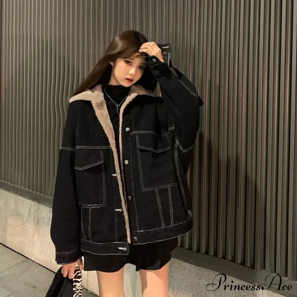 Dark Denim Stylish Fur Lining Jacket