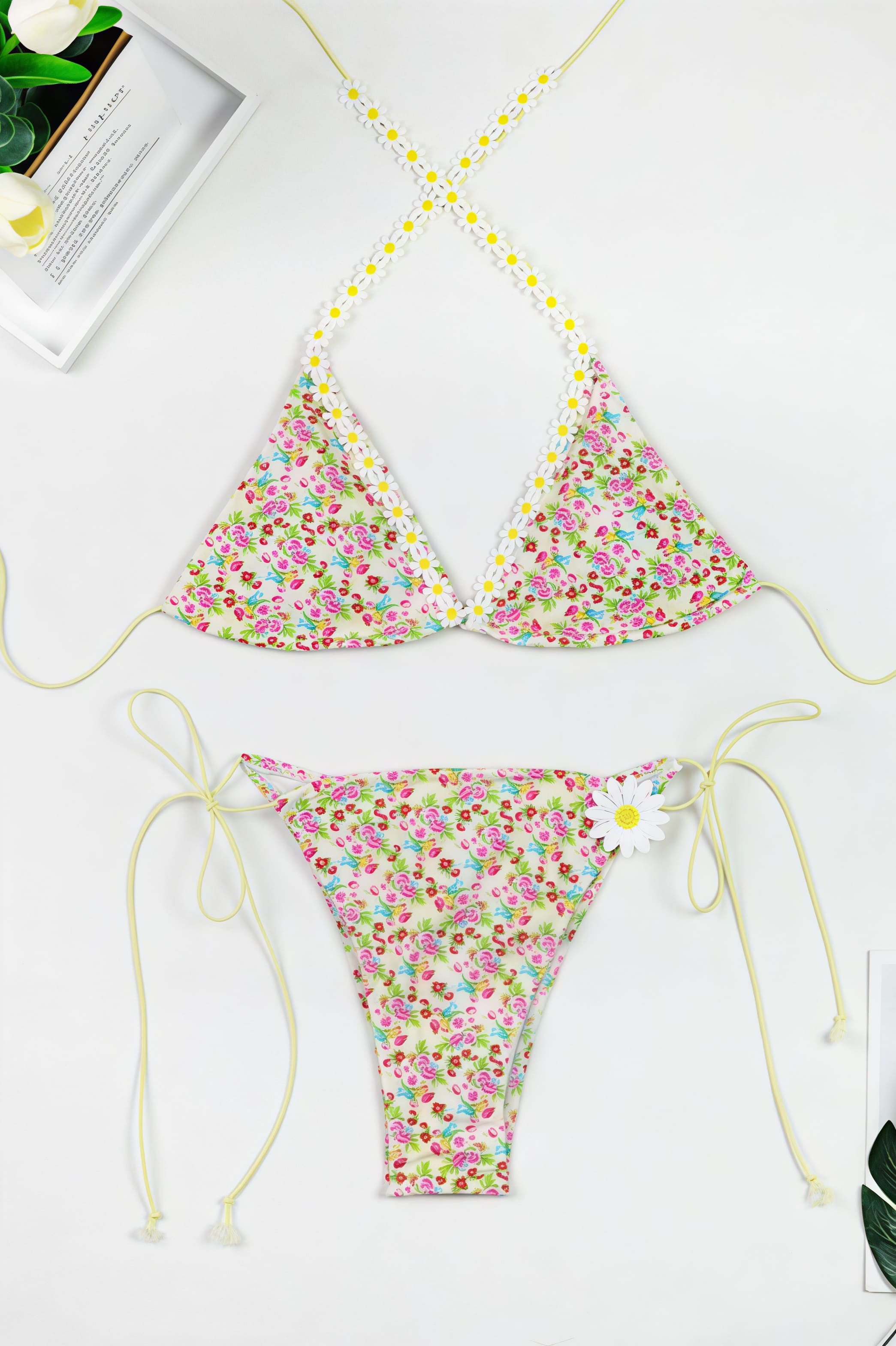 Chic Floral Print High Waist Lace Up Bikini Sets