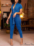 Stylish Vintage V-Neck Denim Jumpsuit