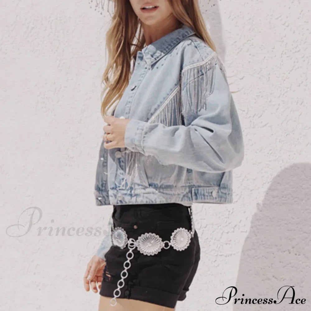 Denim Turndown Collar Splice Rhinestone Tassel Long Sleeve Loose Button Woman Clothing Warm Chic Stylish Elegant Fashionable Versatile Jacket