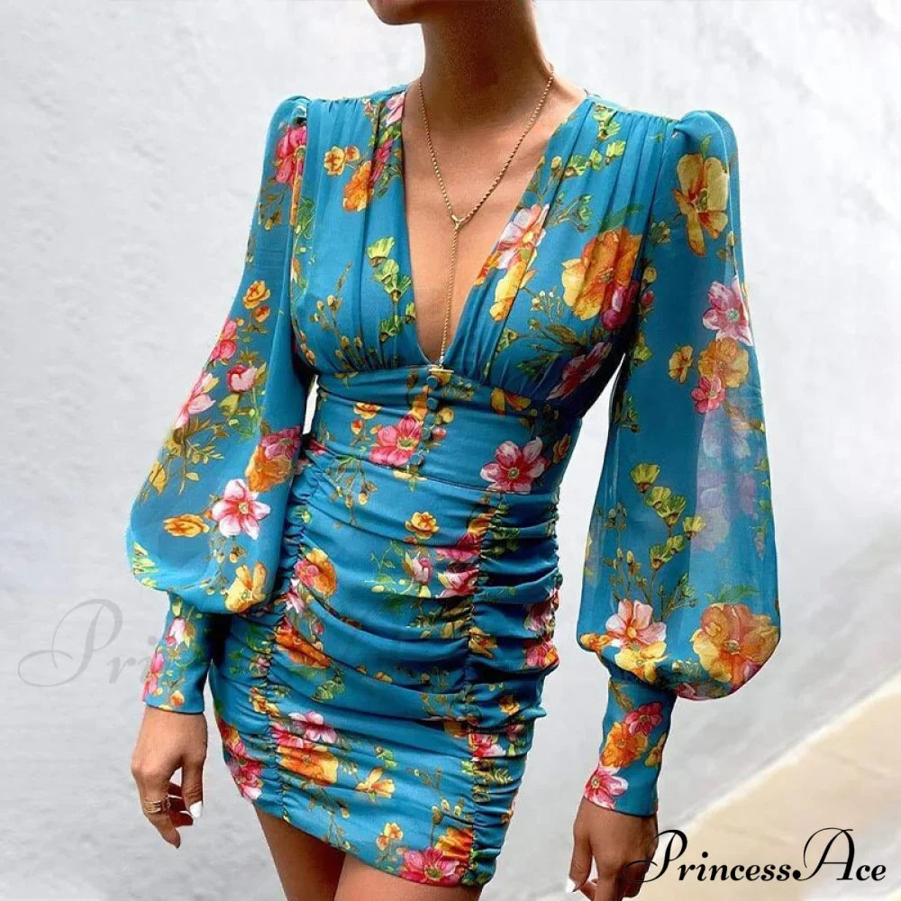 Design Party Bodycon Women's Neck Deep Warm-Season Flowered Gown Lantern Arm Ruched - V Dress