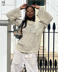 Distressed Cross Fishnet Charming Design Hollow Out Sweater