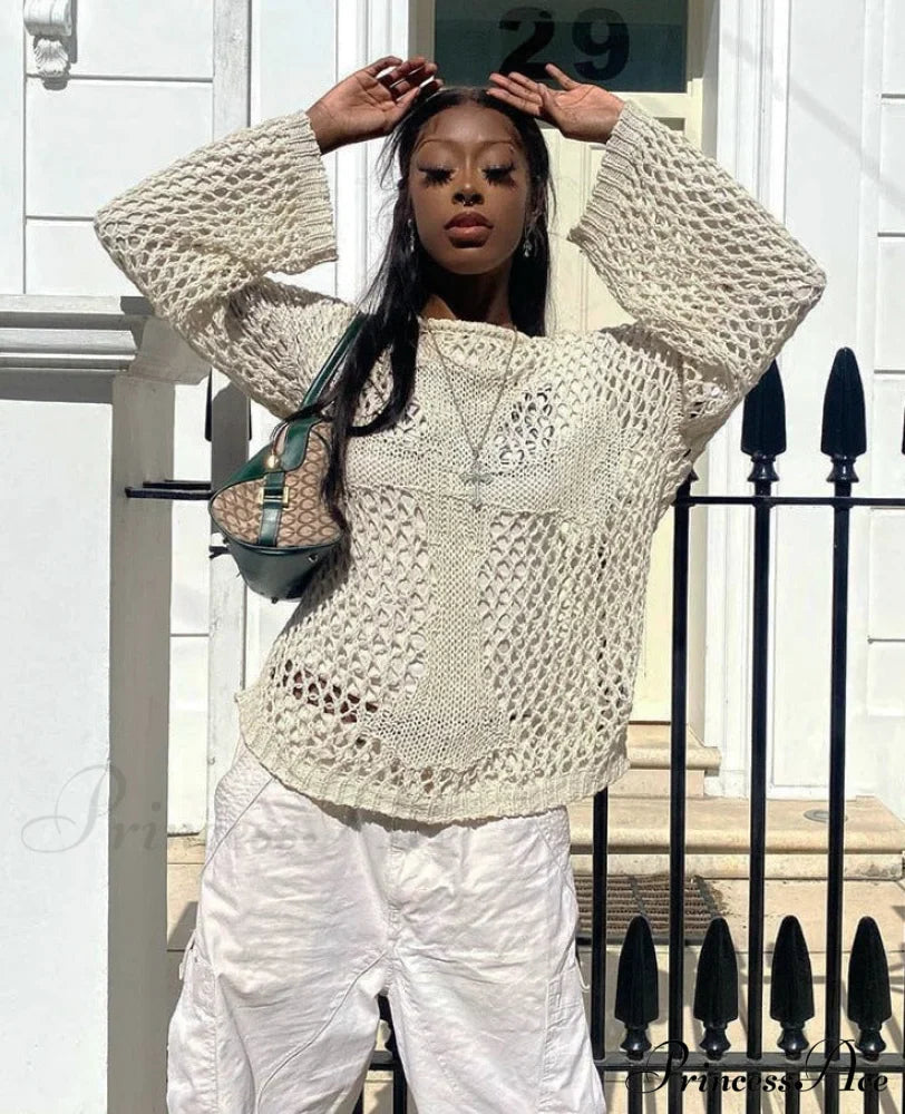 Distressed Cross Fishnet Charming Design Hollow Out Sweater