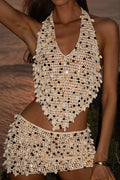 Shiny Sequin Cut Out Tie Back Top And Skirt Two Piece Set