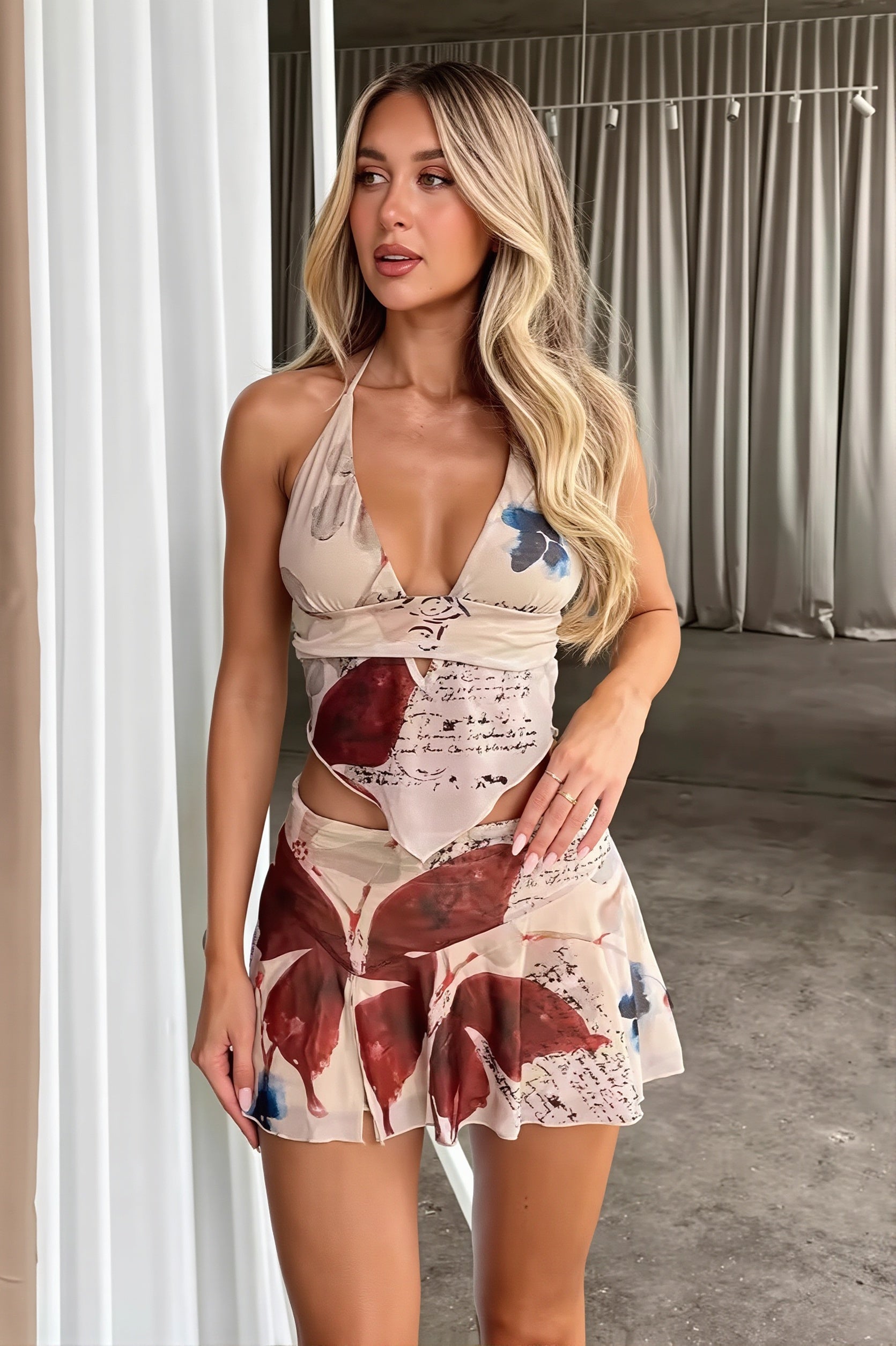 Chic Sheer Halter Neck Crop Top High Rise Skirt Sets