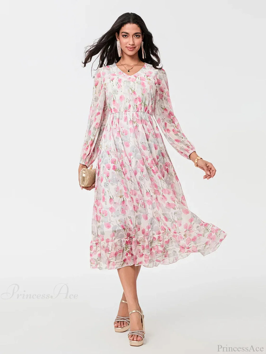 Elegant Floral Flowing Long Sleeve A-Line Floral Dress