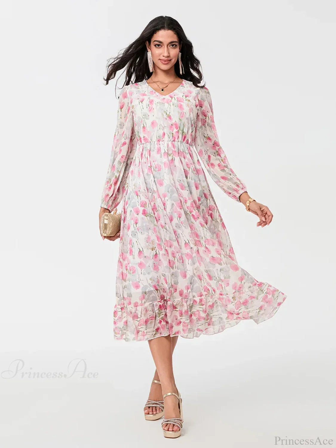 Elegant Floral Flowing Long Sleeve A-Line Floral Dress