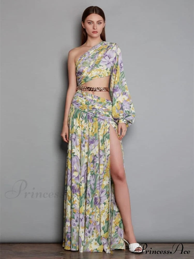 Elegant Floral Irregular Cut Out Long Sleeve Dress